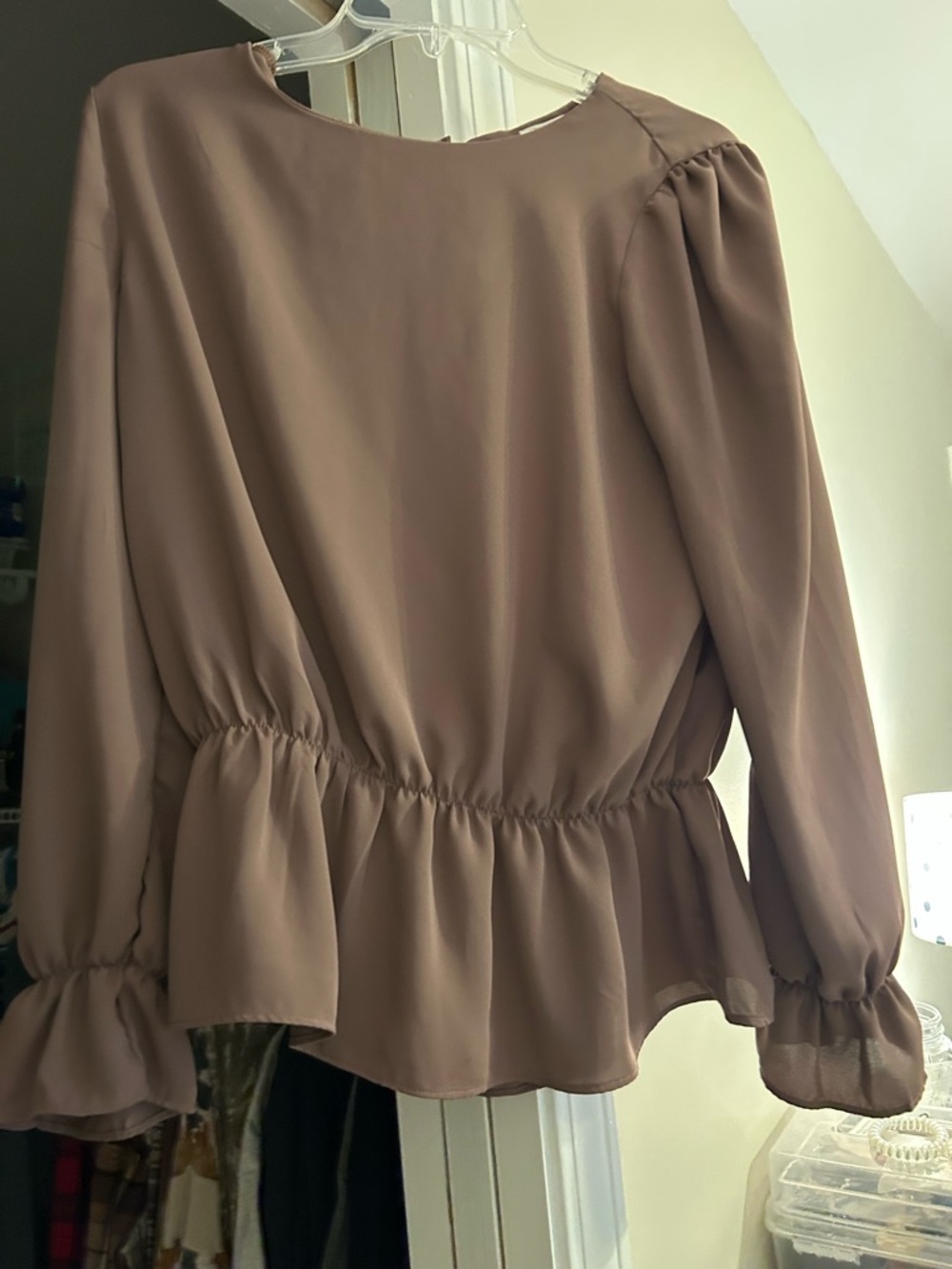Women’s Taupe Elastic-Waist Peplum Blouse